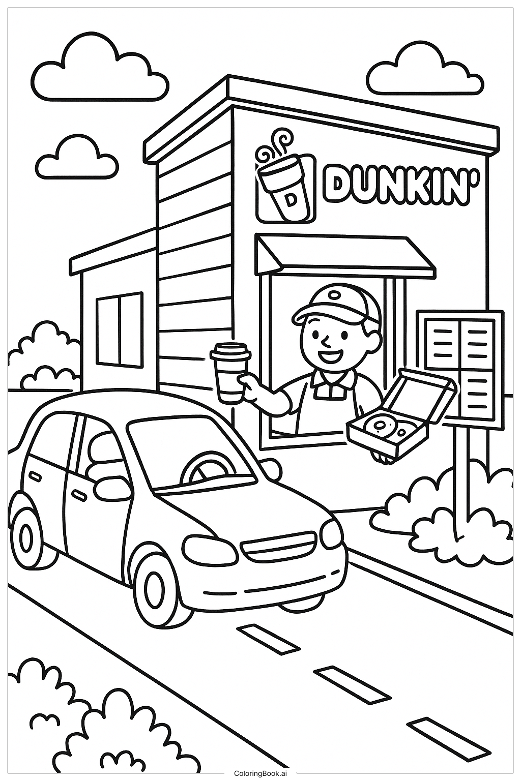  Dunkin Donuts Drive-Thru Scene Coloring Page 