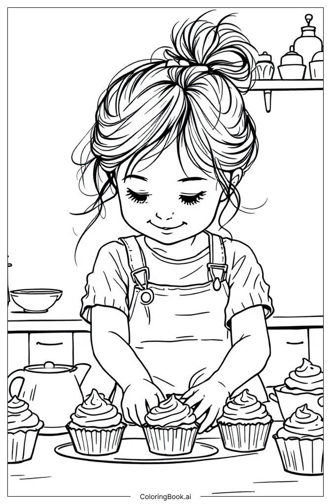  Página para colorear de Una niña pequeña horneando cupcakes 