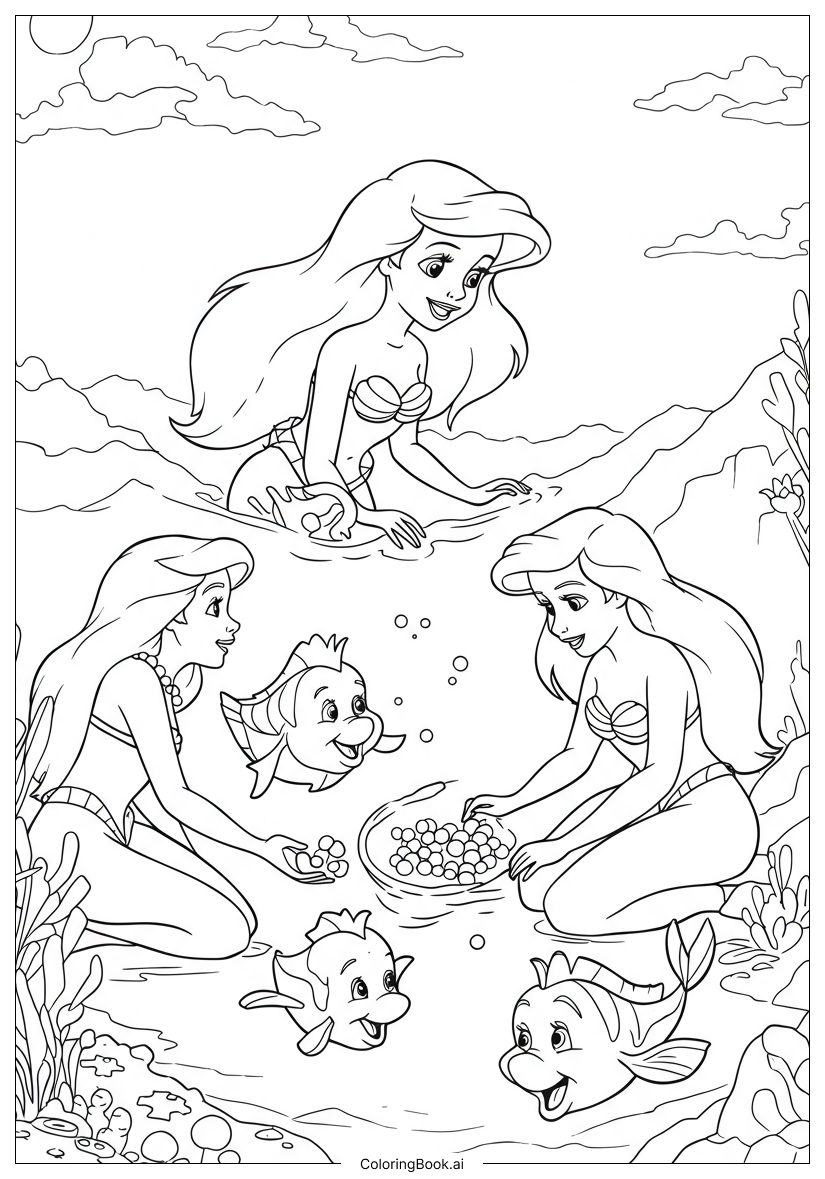  Página para colorear de Ariel y sus hermanas recolectando perlas del océano 