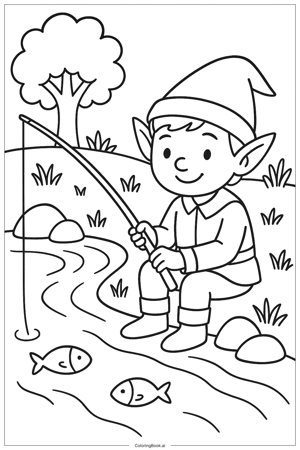  Página para colorir de Um Elfo Pescando em um Riacho 