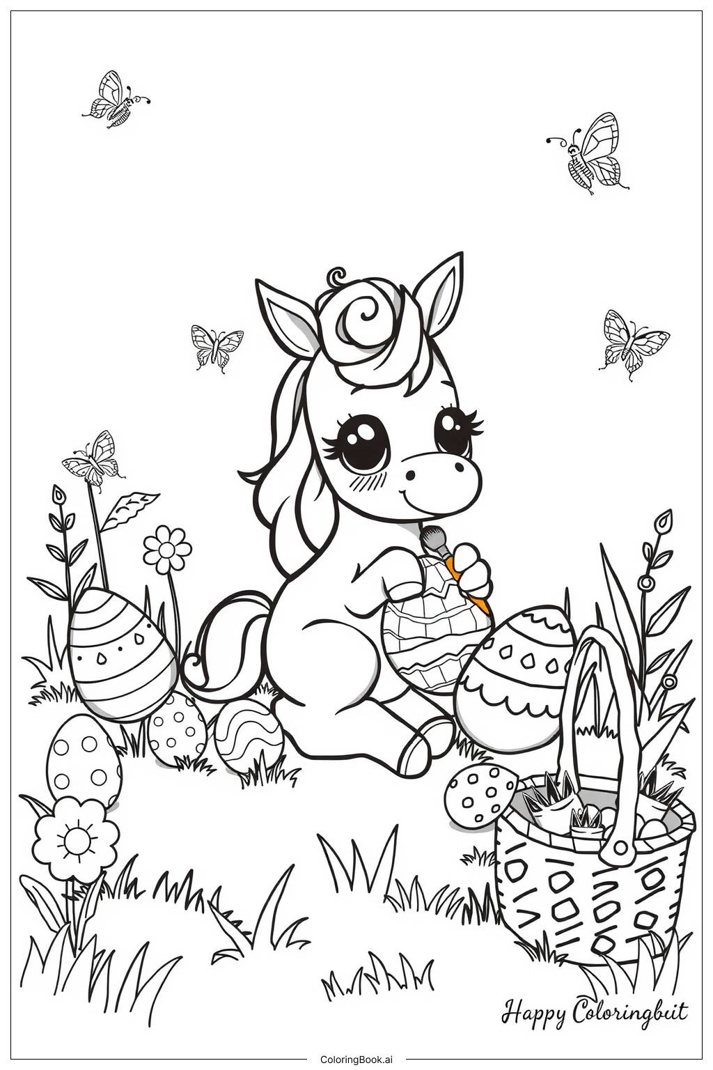  Page de coloriage licorne célébrant Pâques avec des œufs peints 