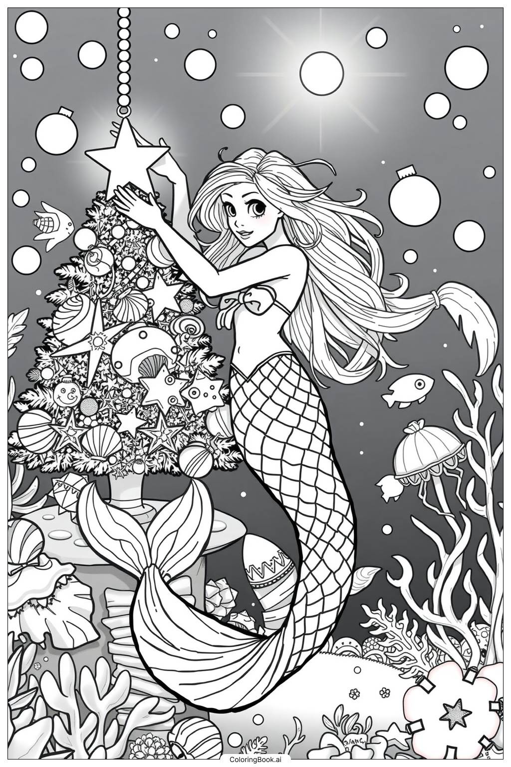  Página para colorear de Sirena celebrando la Navidad 