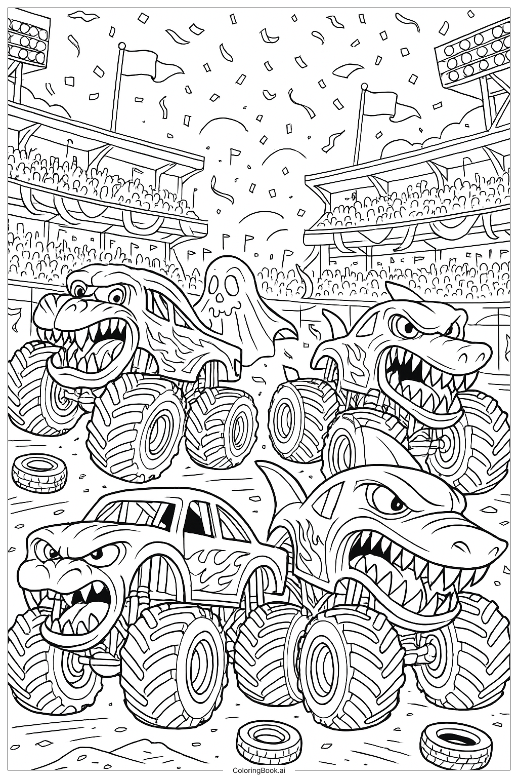 モンスタージャムトラックのパレードの塗り絵ページ 