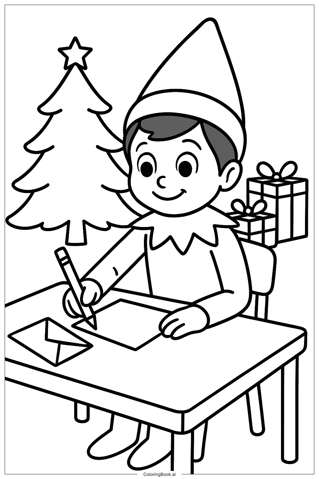  Página para colorir de Duende na Estante Escrevendo uma Carta para o Papai Noel 