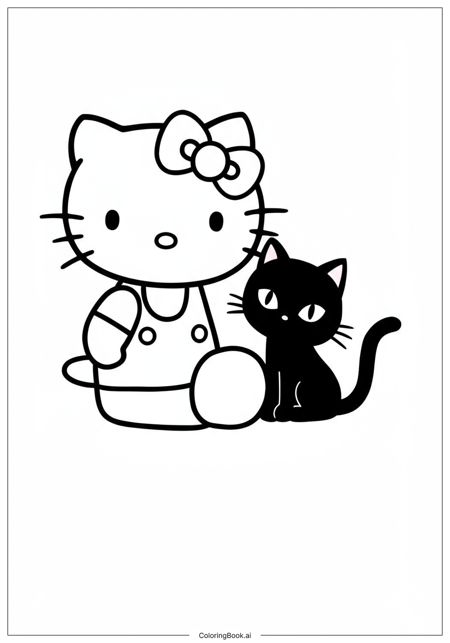  ハローキティと黒猫の塗り絵ページ 