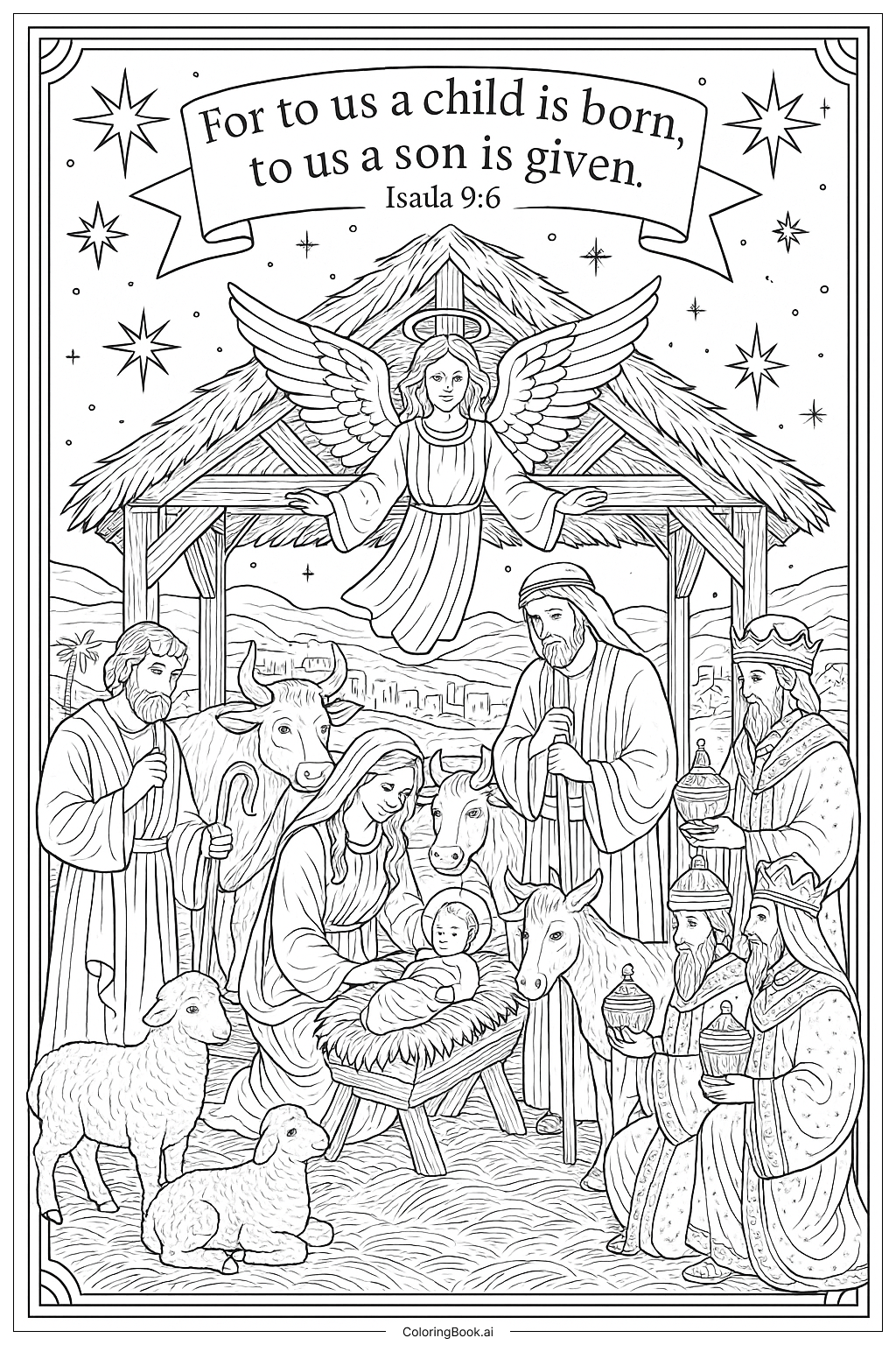  Página para colorear de Escena completa del Nacimiento con el versículo Isaías 9:6 