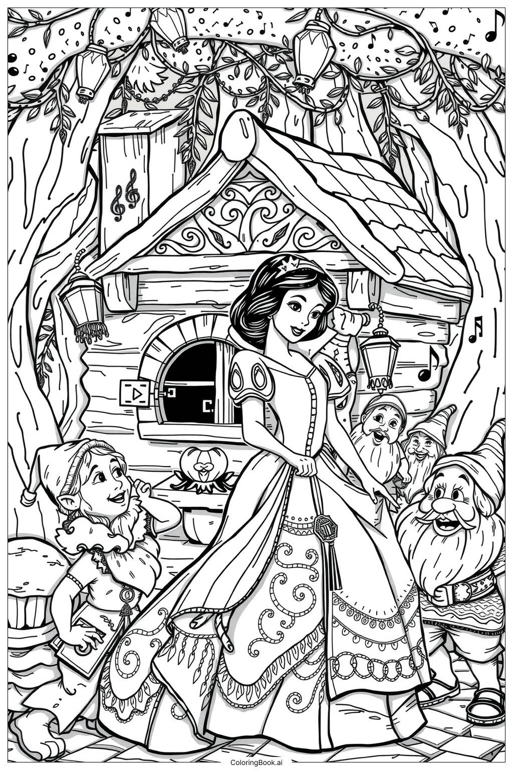  Snow White's Celebration with Friends Coloring Page 