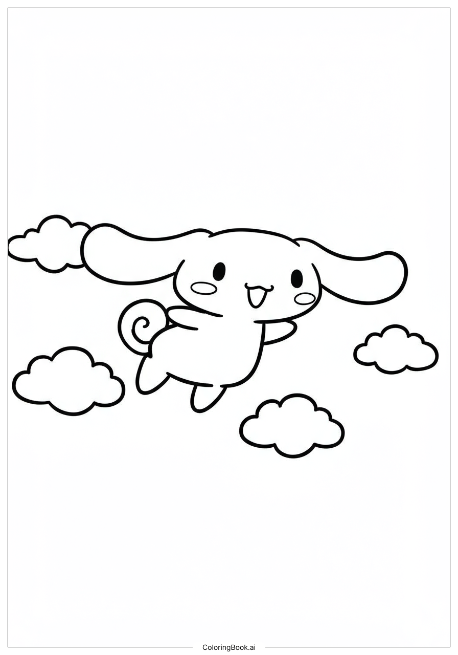  Página para colorear de Cinnamoroll volando con nubes esponjosas 
