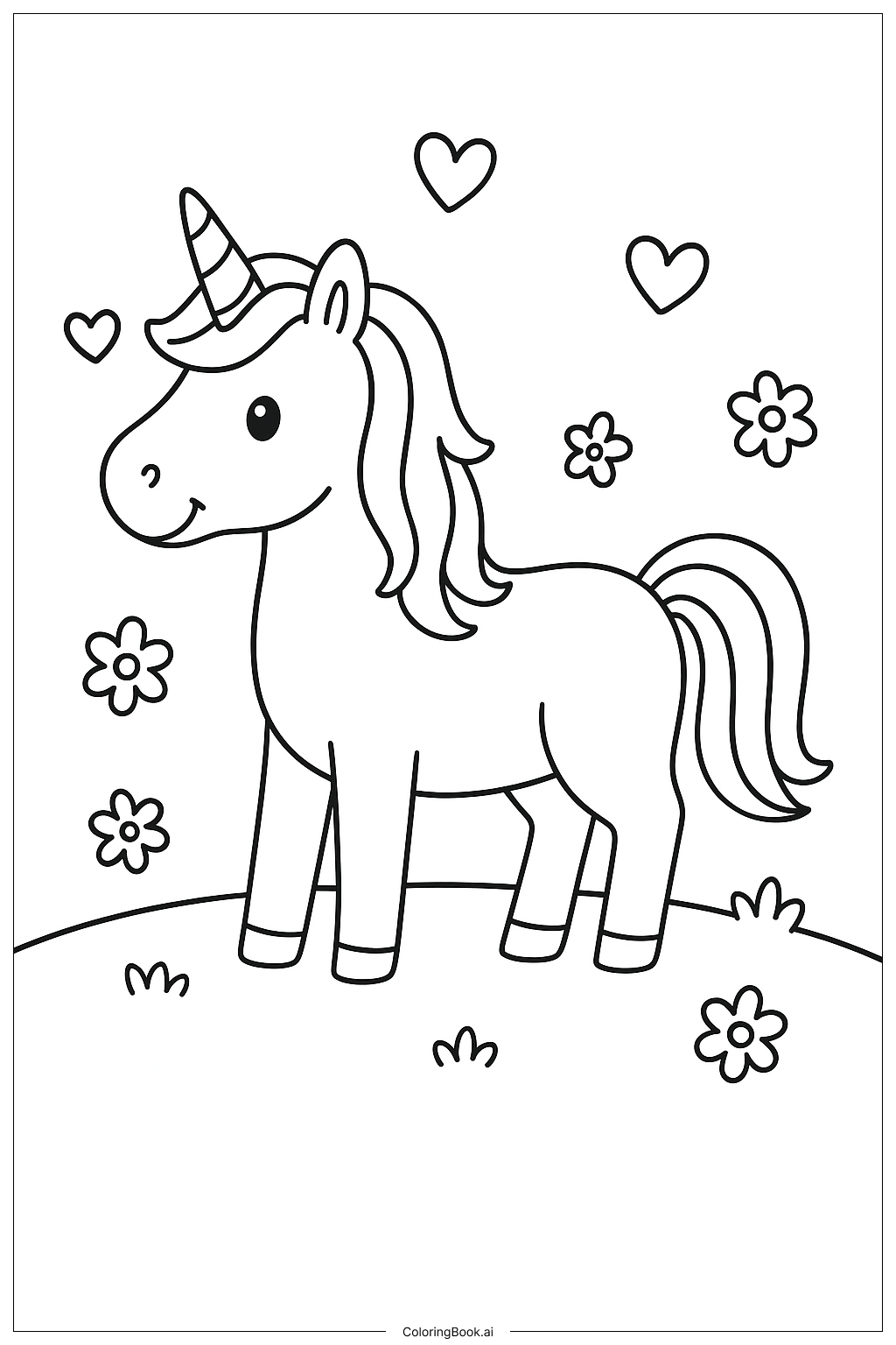  A Unicorn In A Field Of Hearts and Flowers Coloring Page 