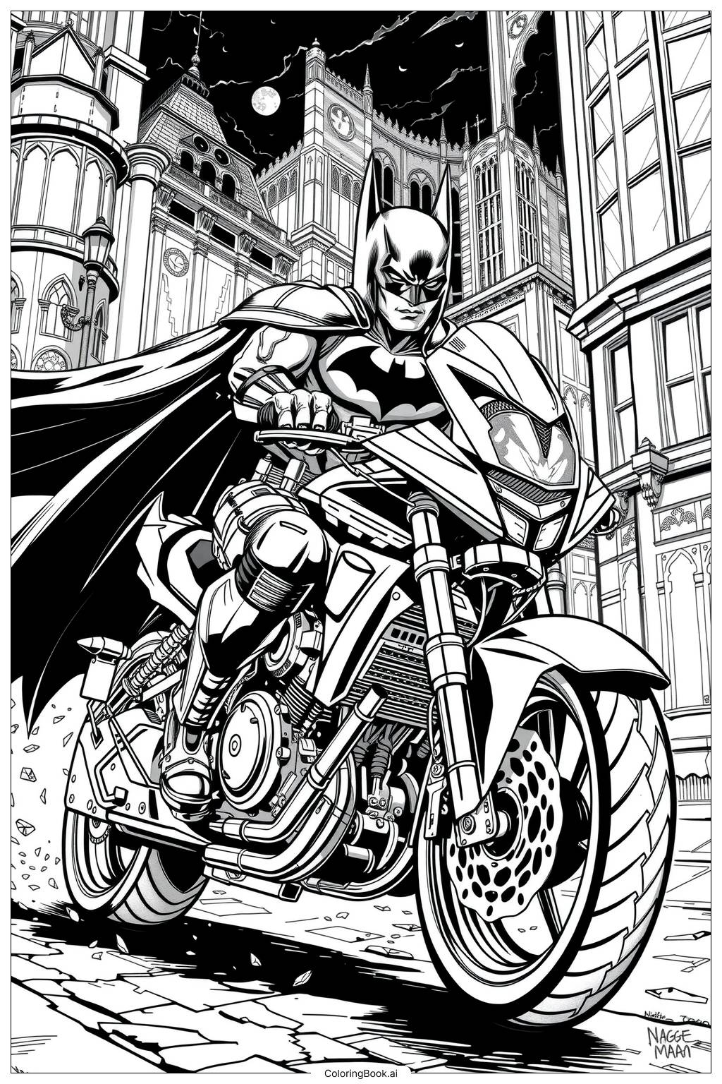  Página para colorear de Batman Noche Motocicleta 