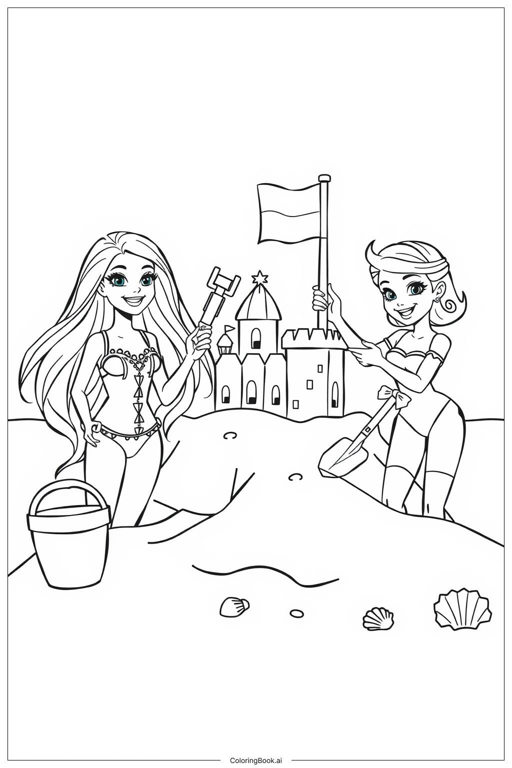  Página para colorear de barbie skipper y stacie construyendo un castillo de arena 