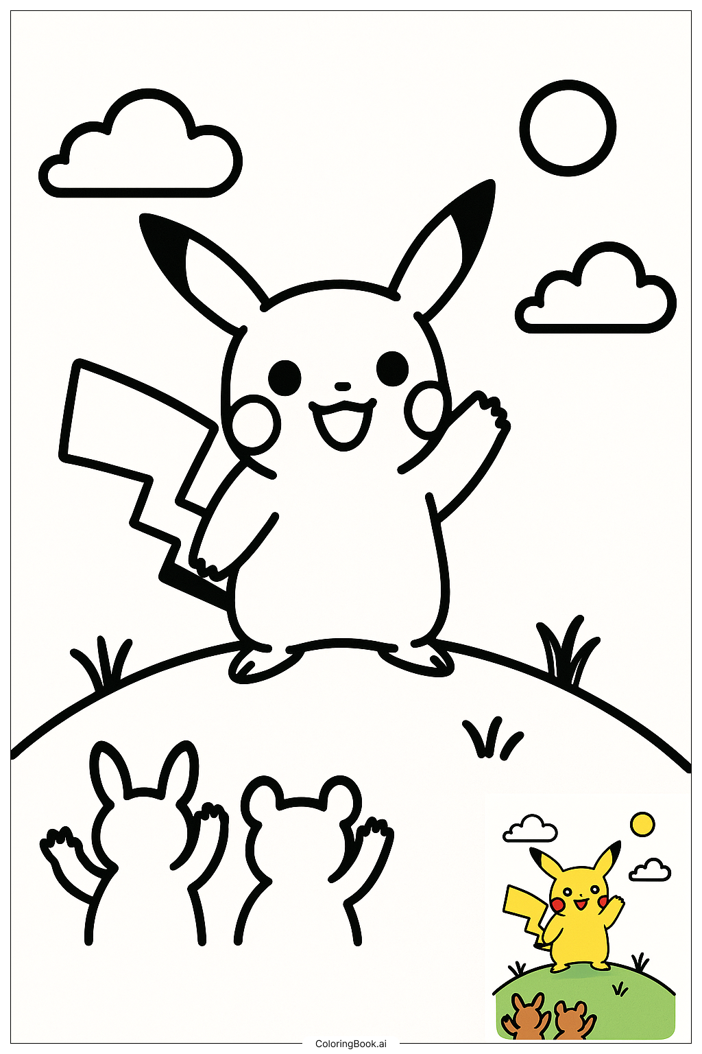  Página para colorear de Pikachu saludando a amigos desde la cima de una colina 
