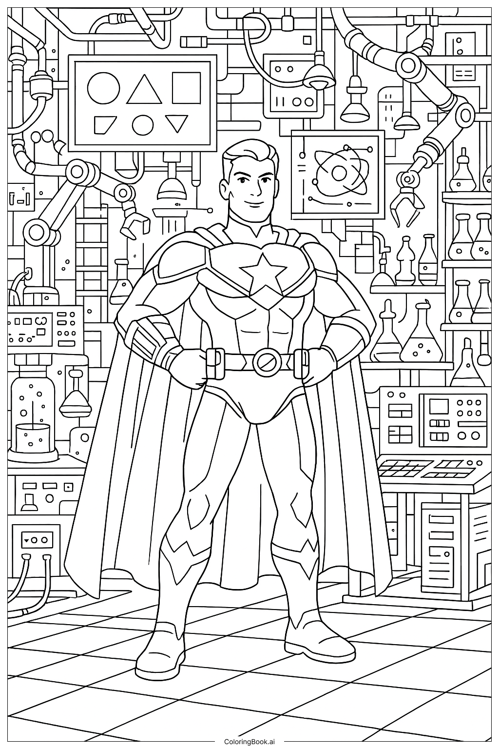 Superheld in einem High-Tech-Labor Ausmalseite