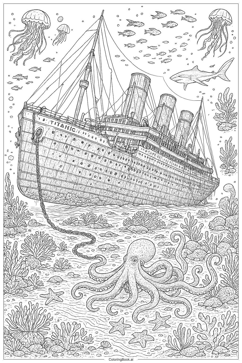  Underwater Titanic With Sea Creatures Coloring Page 