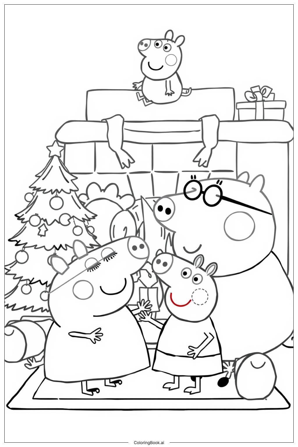  Página para colorear de la familia de Peppa Pig celebrando la Navidad alrededor de la chimenea 