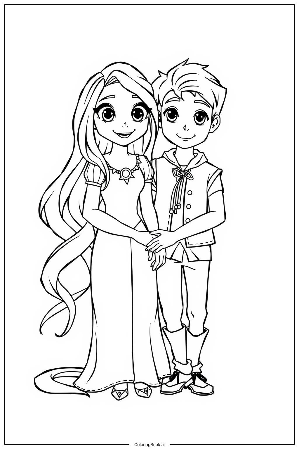  Página para colorir de Rapunzel e Flynn Compartilhando um Momento Romântico 