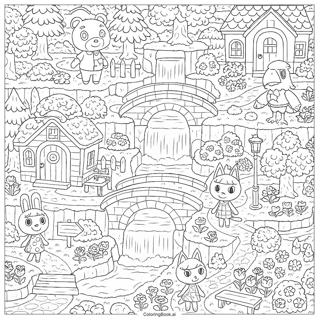  Eine sehr detaillierte Animal Crossing Insel Ausmalseite 