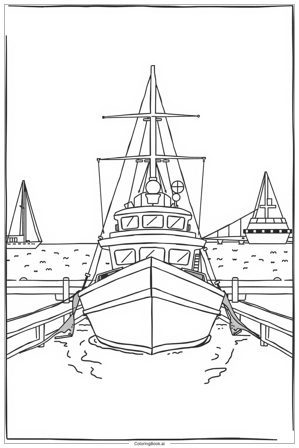  Page de coloriage Bateau de pêche amarré au quai 