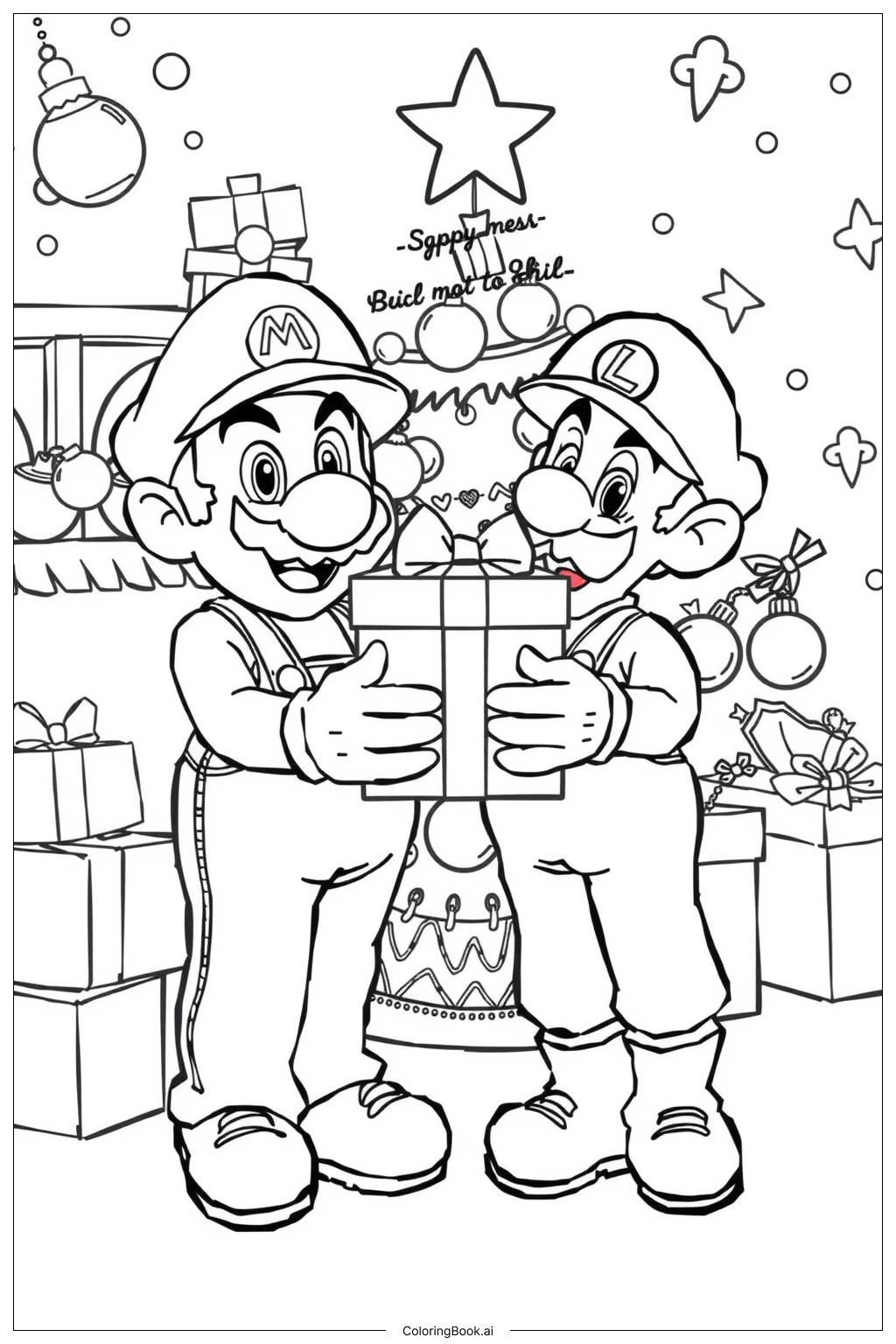  Mario and Luigi Celebrating Christmas Coloring Page 