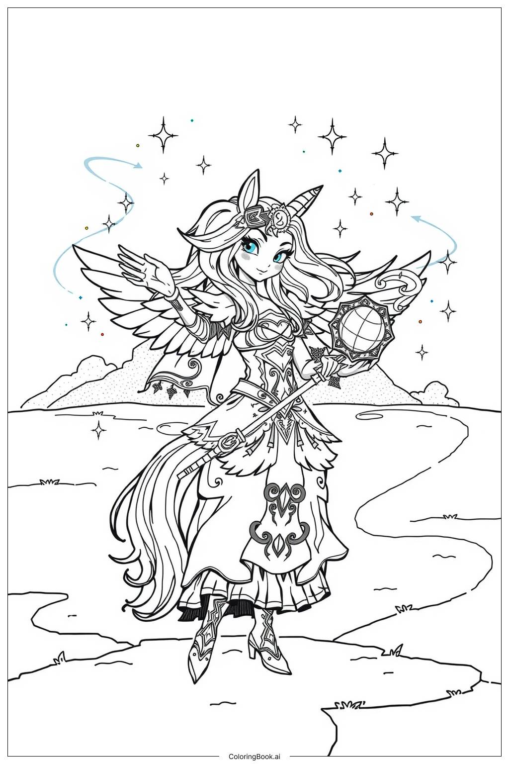  Page de coloriage fille licorne avec des ailes et un bâton magique-2 