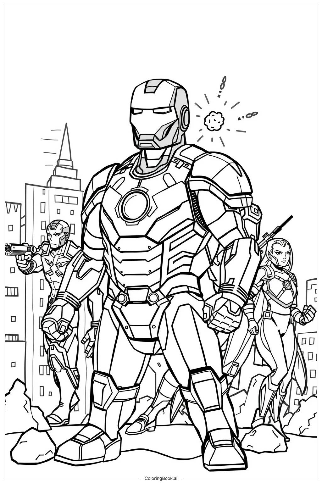  Página para colorear de Iron Man con Amigos en Batalla 