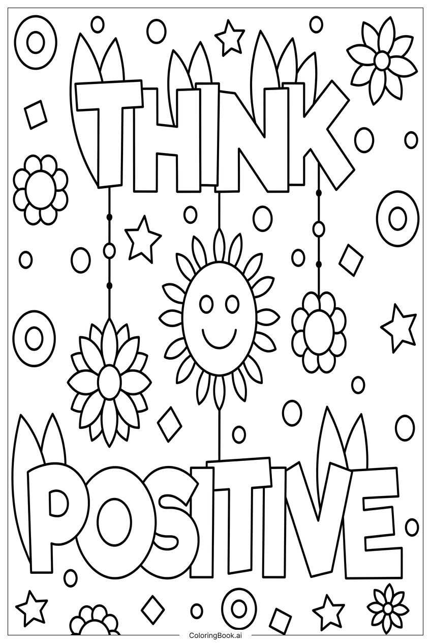  Página para colorear de Inspirador Piensa Positivo con Sol Sonriente 