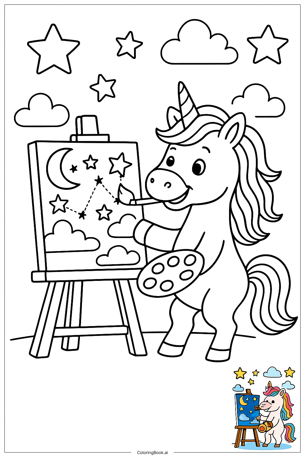  独角兽绘画星空填色页 