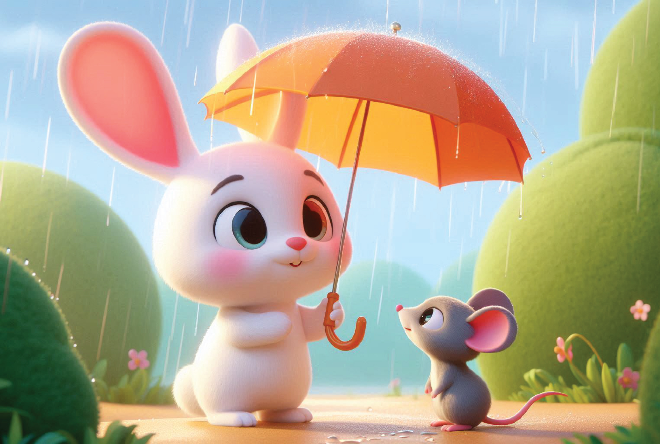 Regnerische Tagesfreunde: Ein Hase teilt einen Regenschirm mit einer kleinen Maus