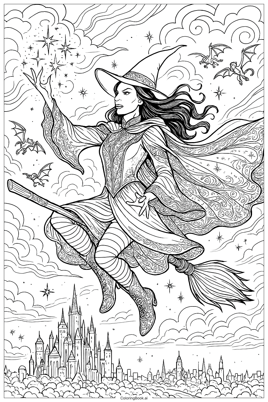  Página para colorir de Elphaba Malvada Desafiando a Gravidade no Céu 