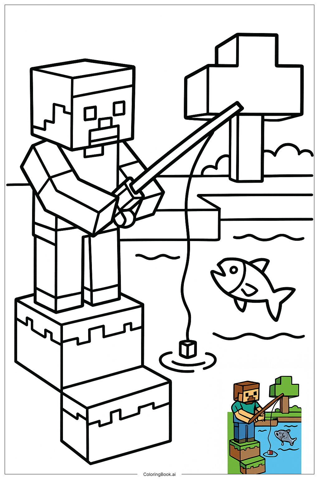  Minecraft 湖邊釣魚著色頁 