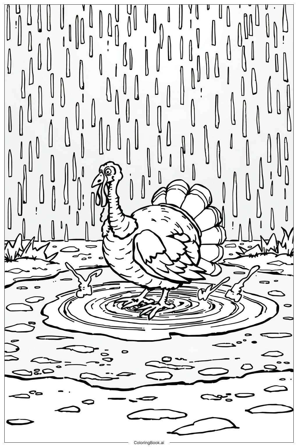  Turkey Playing Rain-2 Coloring Page 