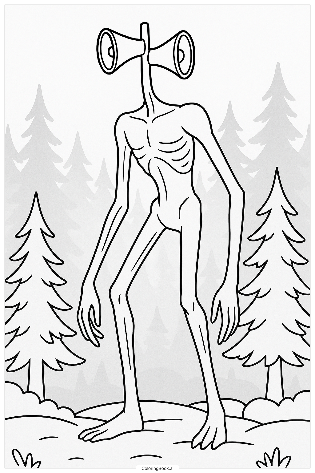  Page de coloriage Siren Head dans la forêt brumeuse 