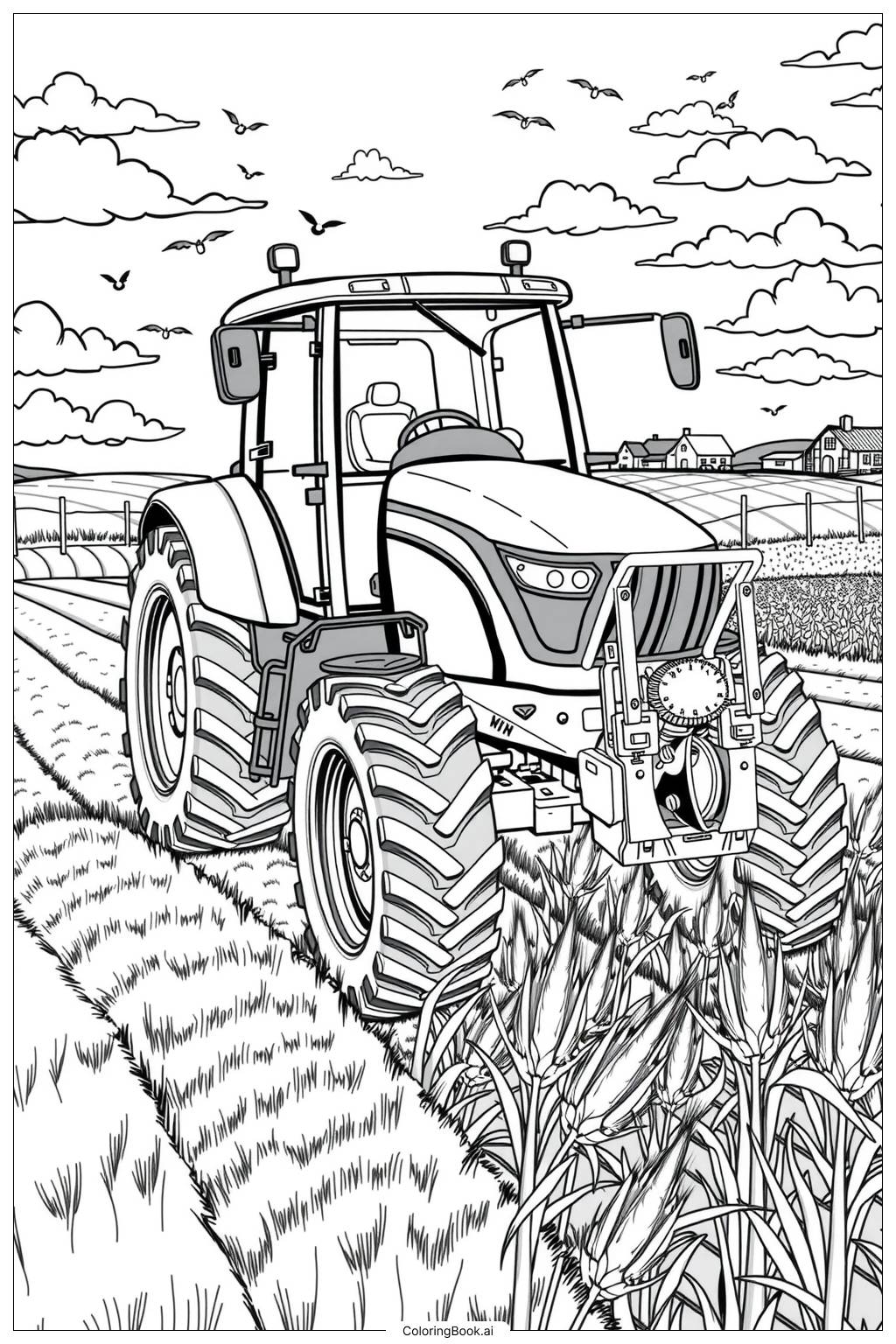  Page de coloriage Tracteur Labourant les Champs 