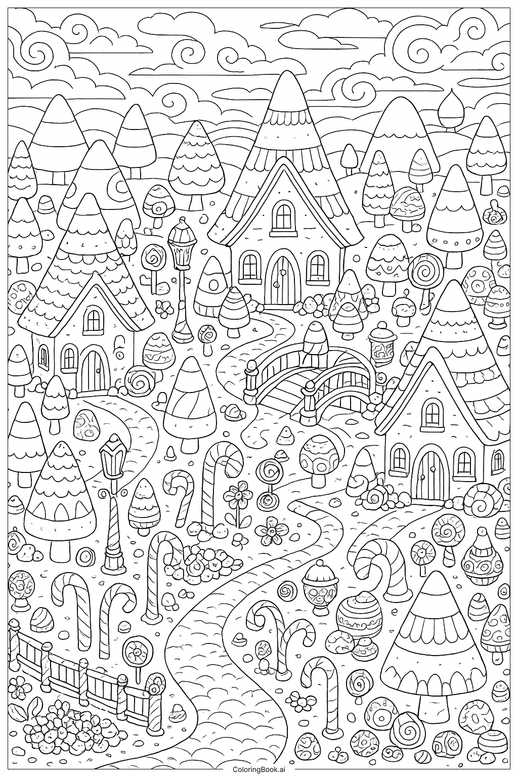  詳細なキャンディコーンの村の塗り絵ページ 