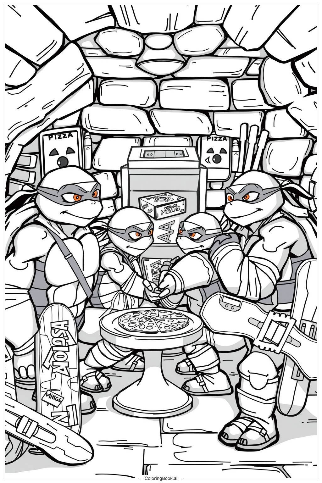  ninja turtles enjoying pizza night-2 Coloring Page 