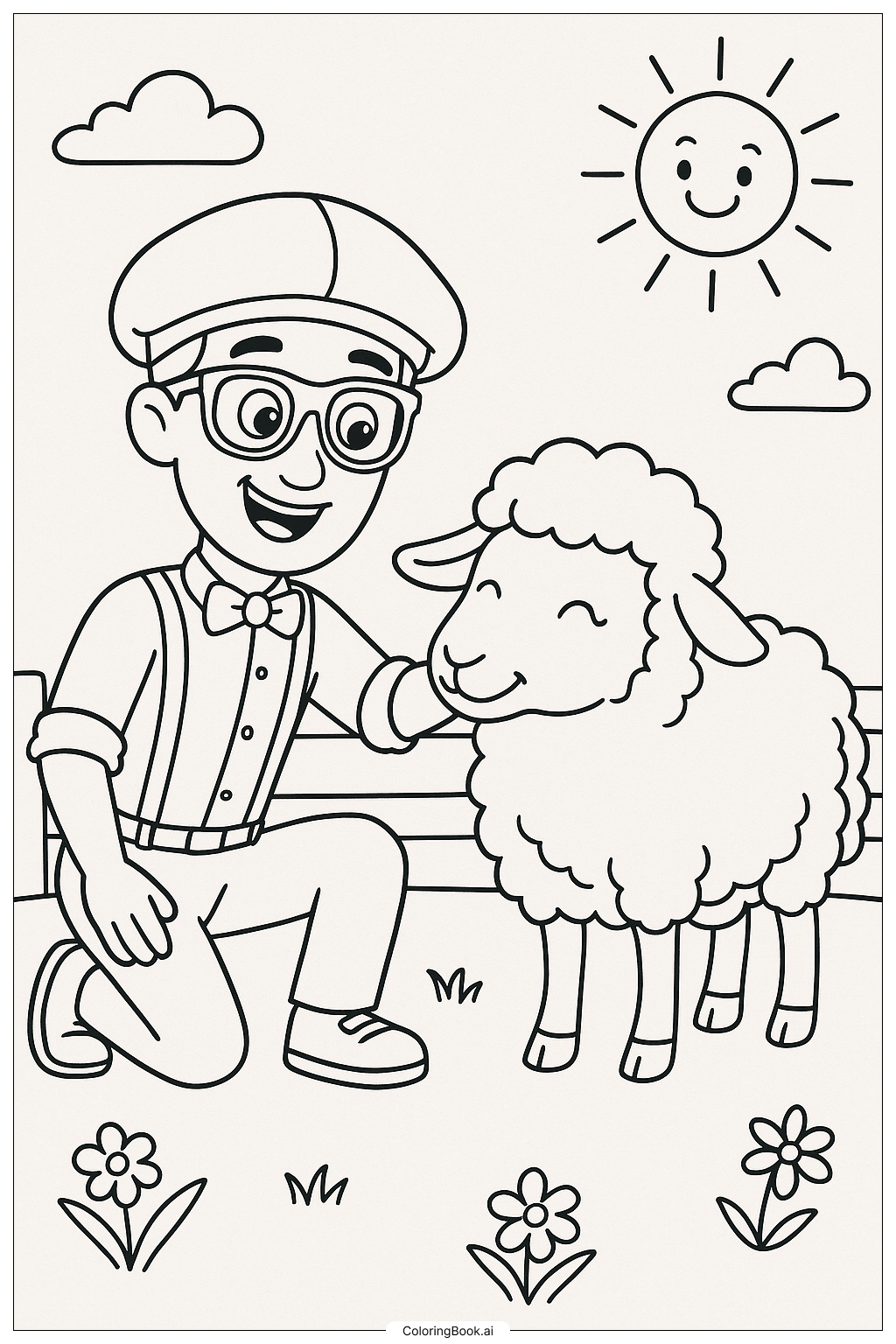  ブリッピがやさしい羊をなでるの塗り絵ページ 