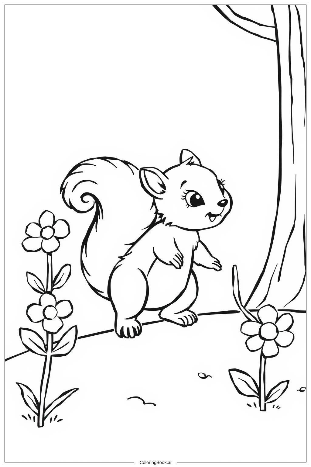  Page de coloriage Ecureuil explorant un jardin 