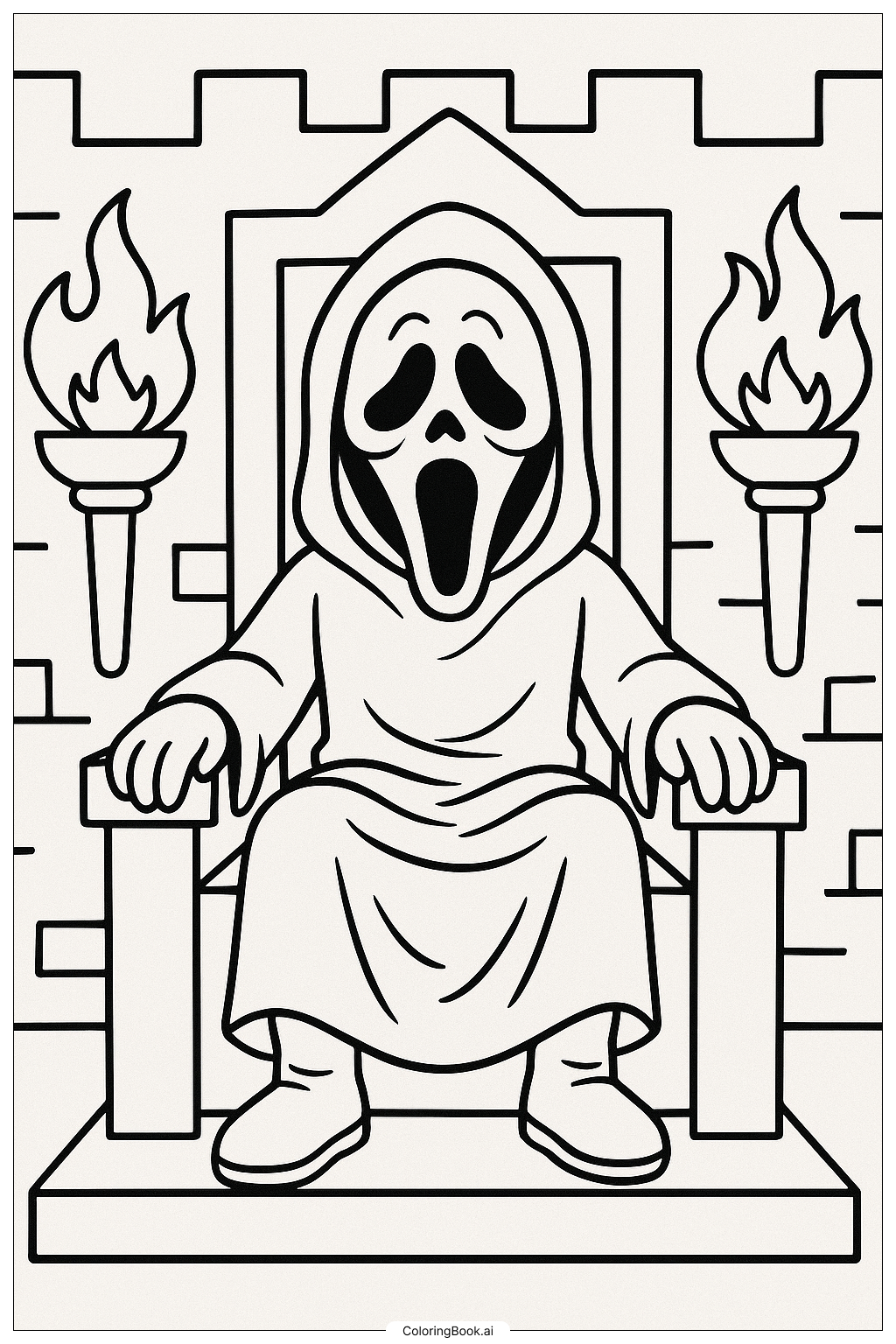  Página para colorear de Ghostface sentado en un trono oscuro 
