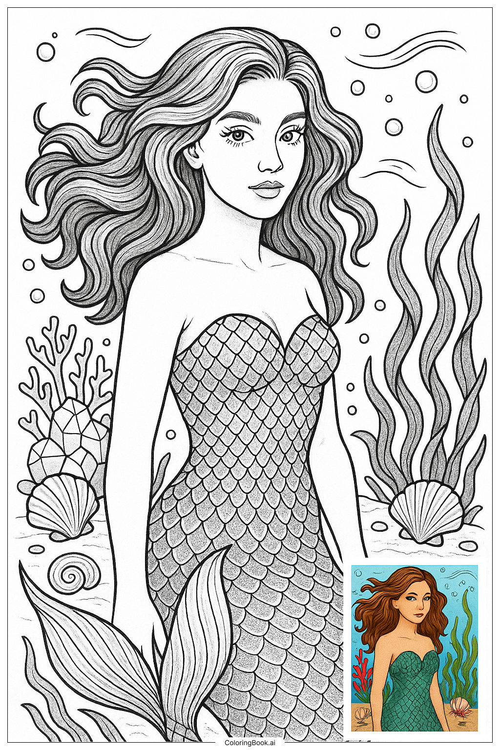  Realistic Mermaid Portrait With Scales填色页 