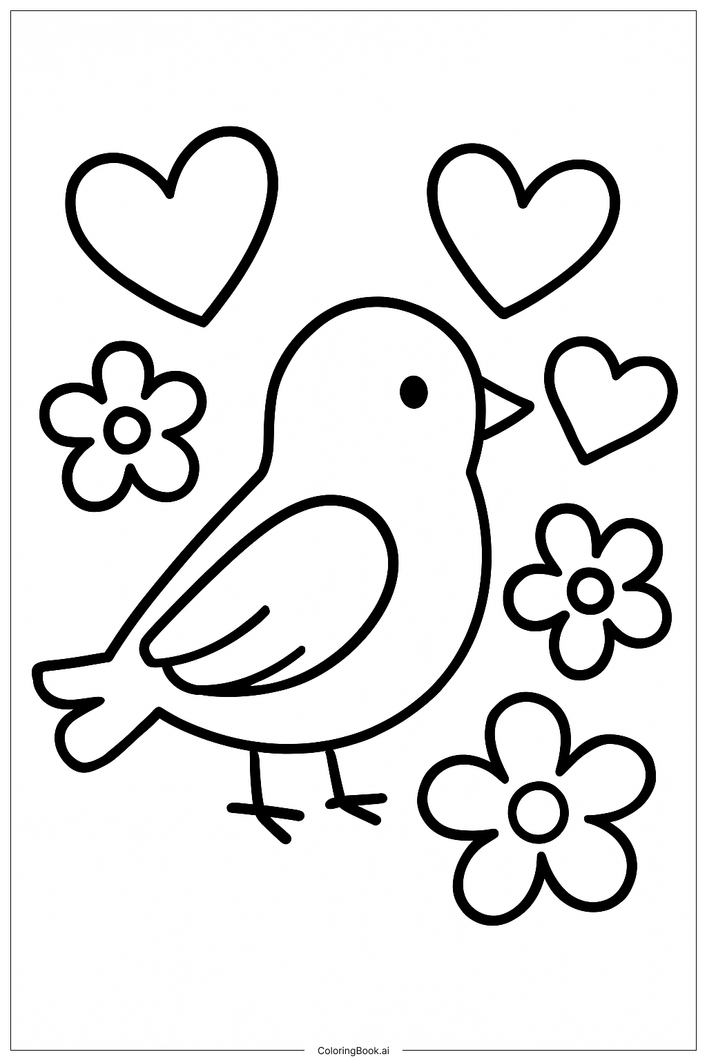  A Bird With Hearts and Flowers Coloring Page 