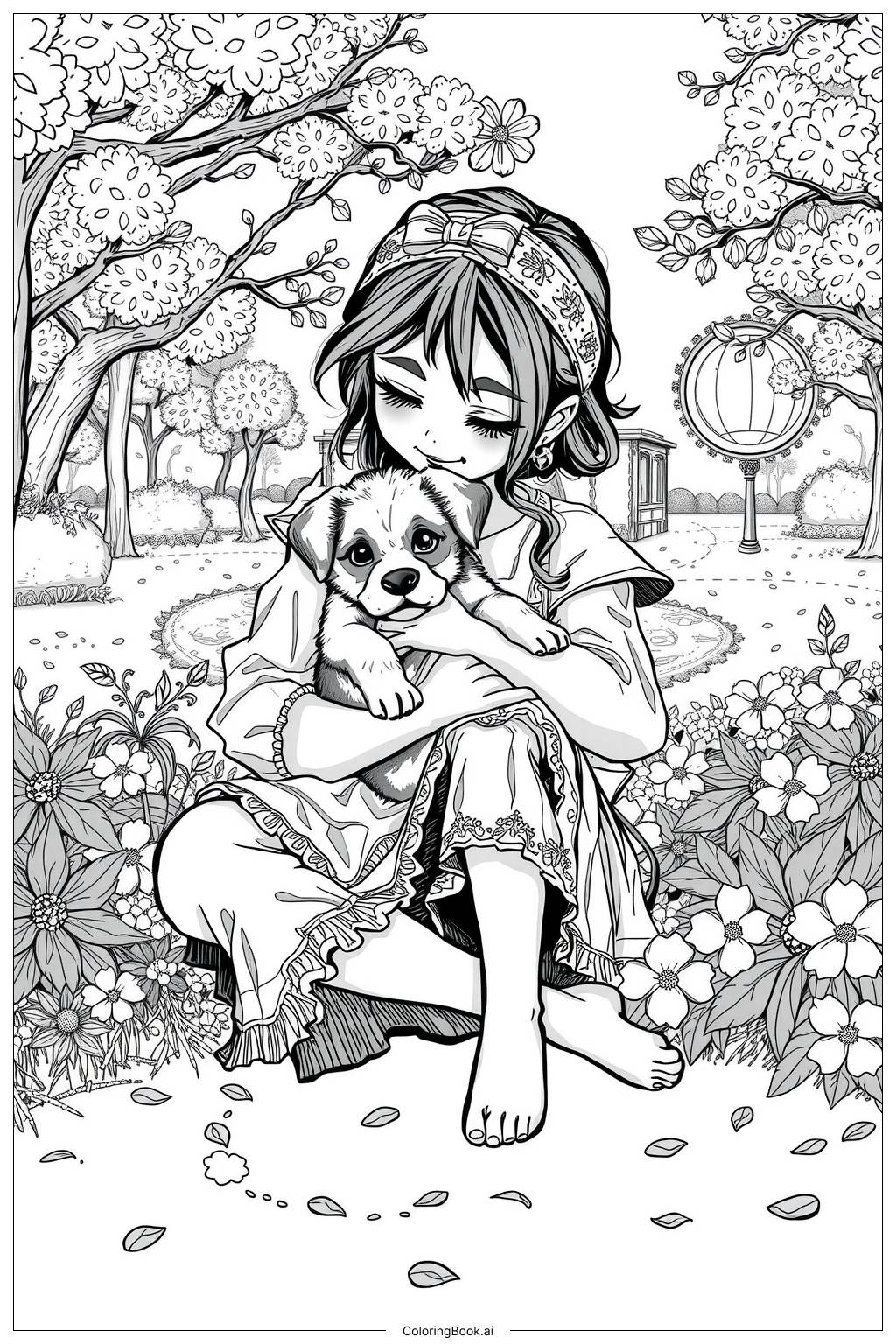  Page de coloriage Histoire d'amour de chiot avec une fille 