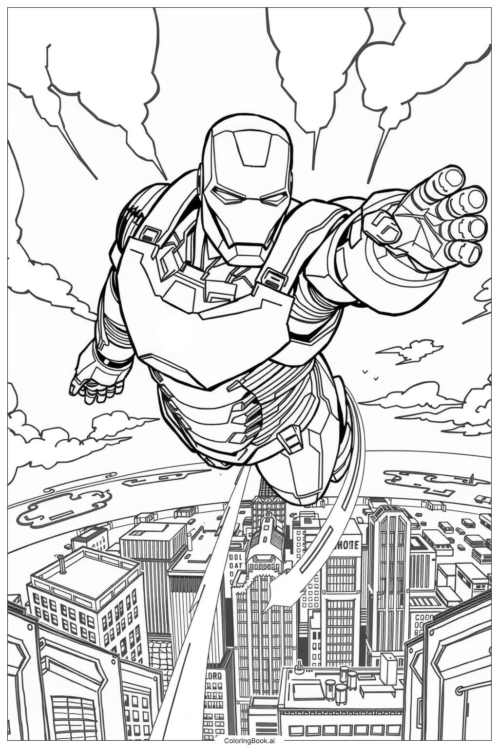  Página para colorear de Iron Man Volando Alto-2 