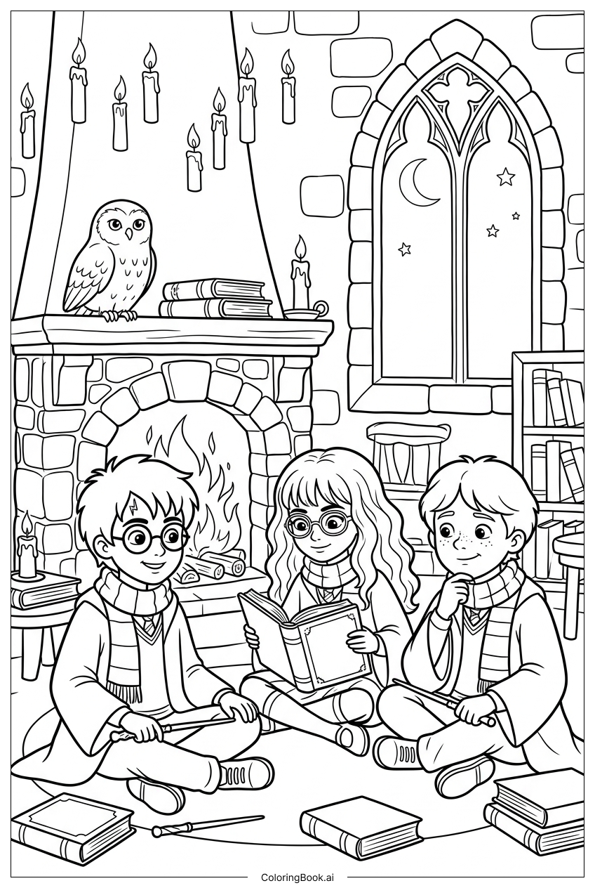 Harry Potter revising by fireplace with friends Coloring Page