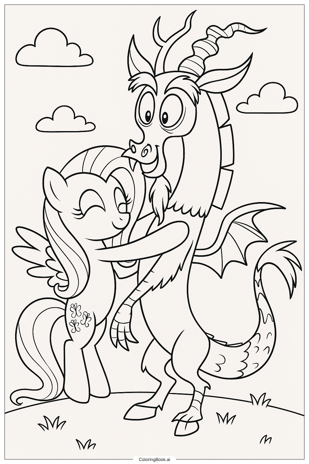  Trang tô màu Fluttershy Ôm Discord Một Cách Thân Thiện 