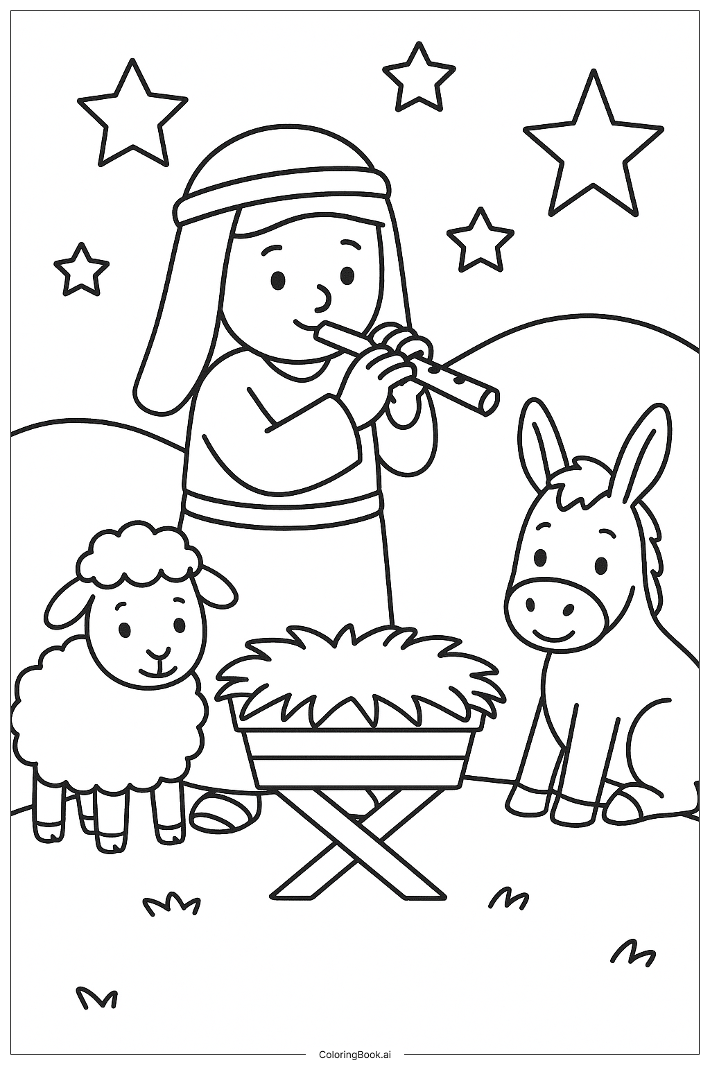 Hirte mit Flöte an der Geburtsszene Ausmalseite 