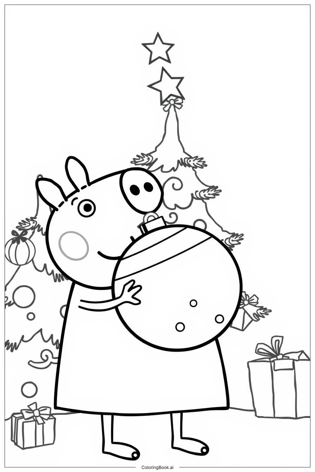  Página para colorear de decoración del árbol de Navidad de Peppa Pig 