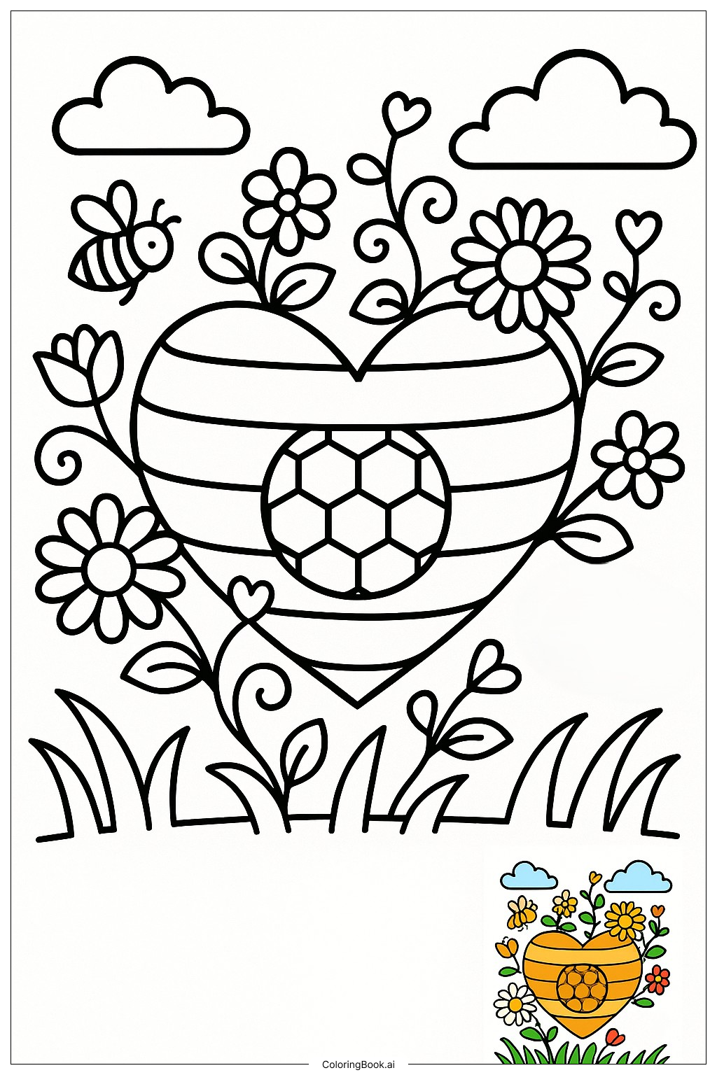  Página para colorear de Flores en forma de colmena en forma de corazón 