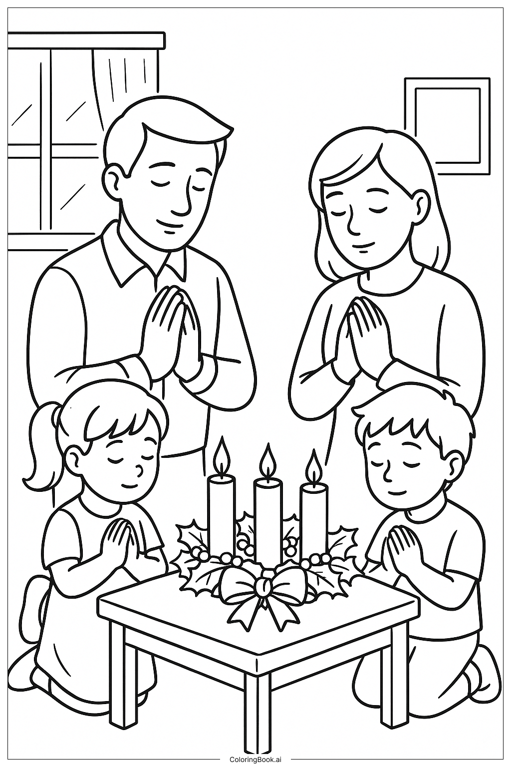 Family Praying by Advent Wreath Ausmalseite 