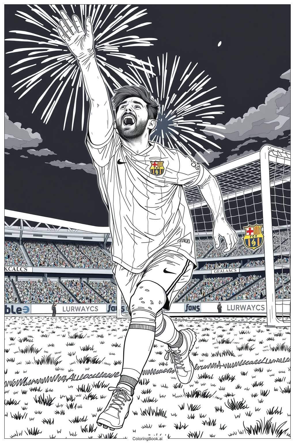  messi scoring a goal with fireworks in the background-2 Coloring Page 