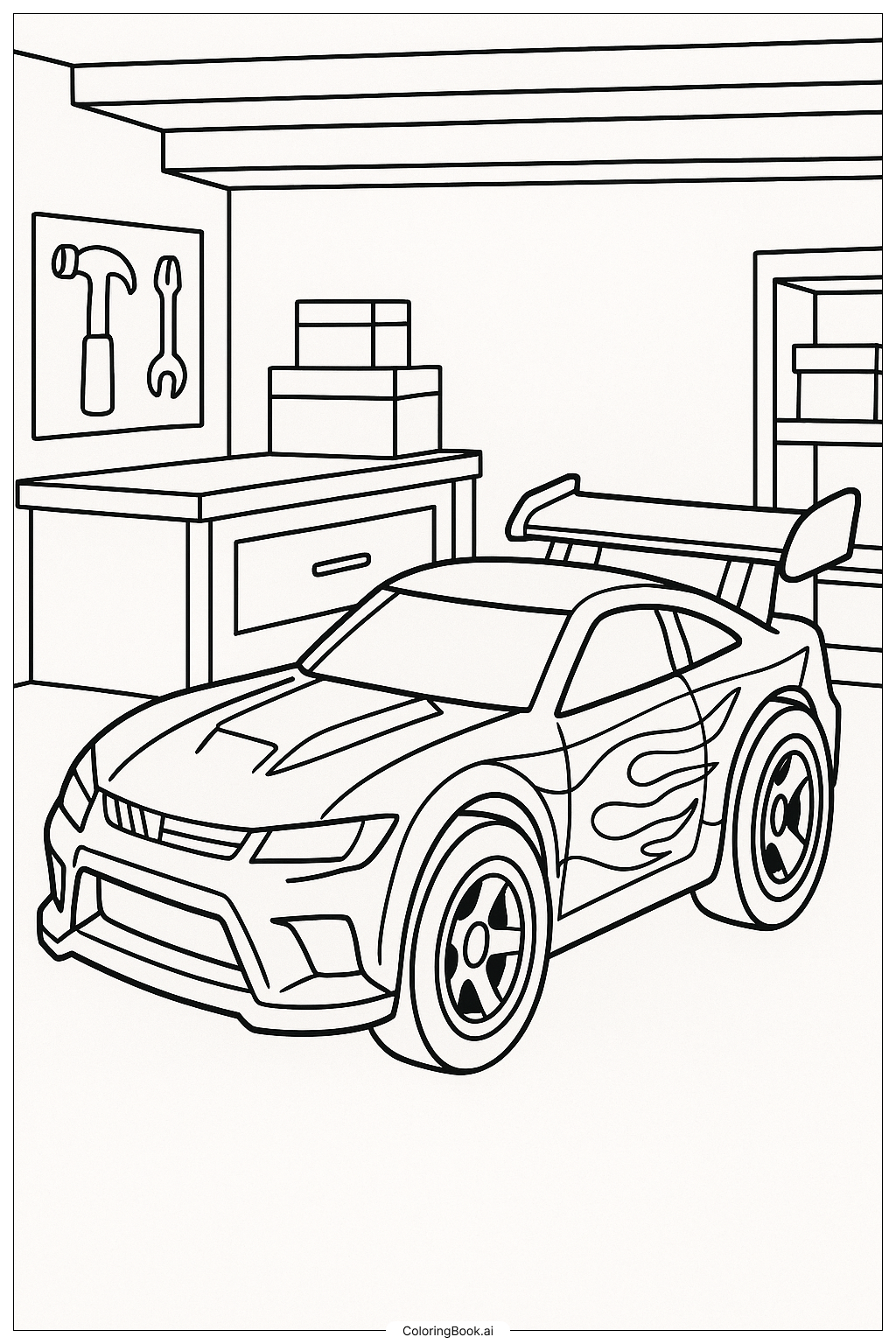Hot Wheels Auto in einer Garage Ausmalseite